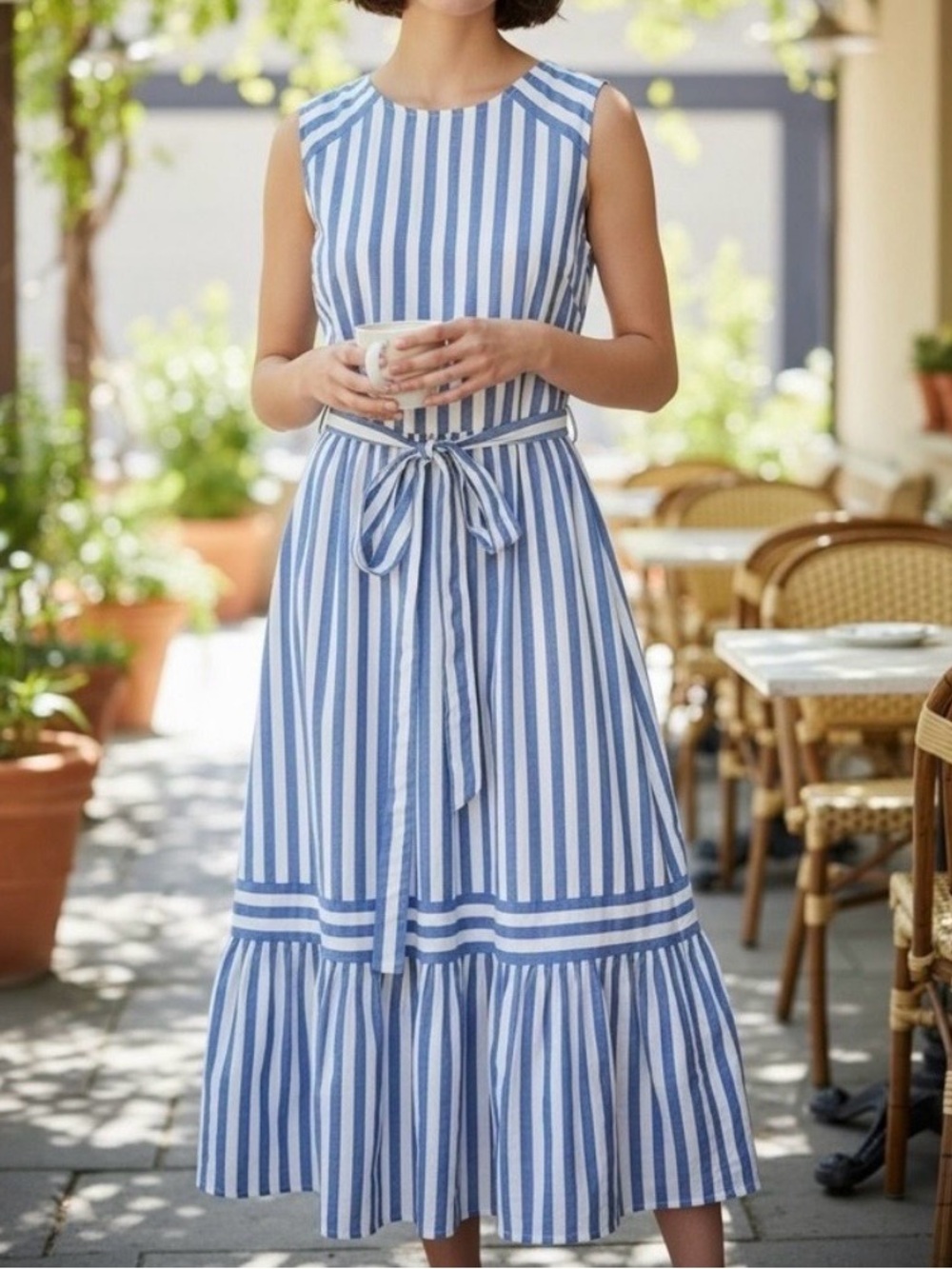 J. Crew Sleeveless Blue and White Striped Tie-Waist Dress Size 0